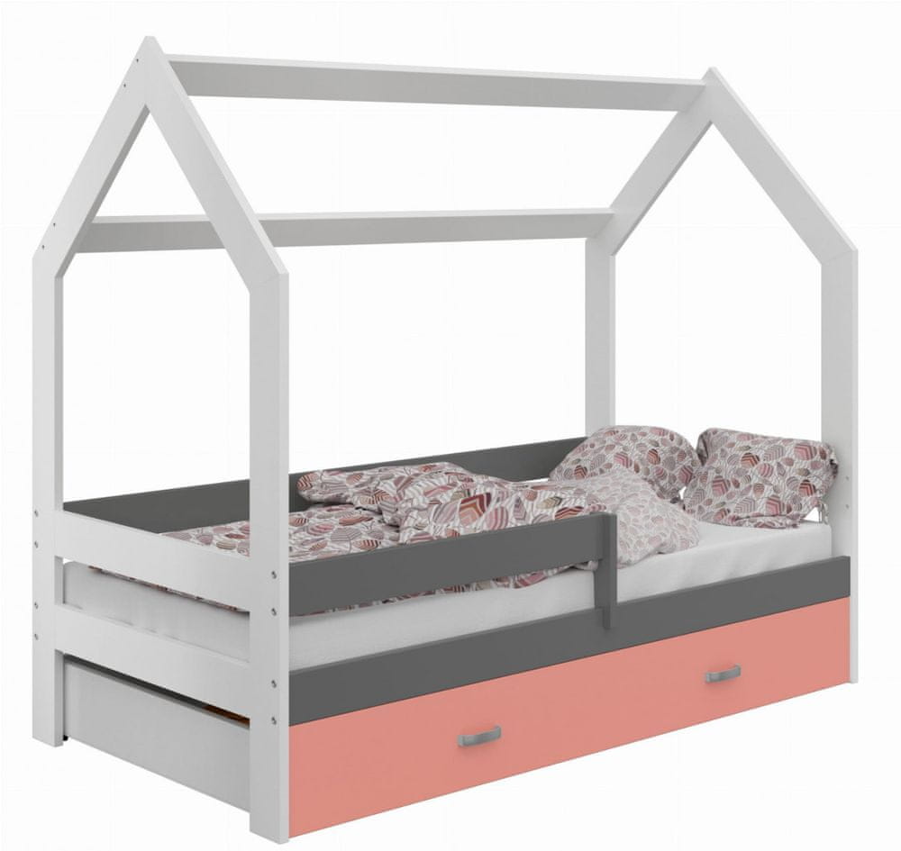 eoshop Detská posteľ Domček 80x160 cm D3, rošt ZADARMO - biela, zábrana: sivá, úlož. jednoducho: ružová, matracu: bez matraca